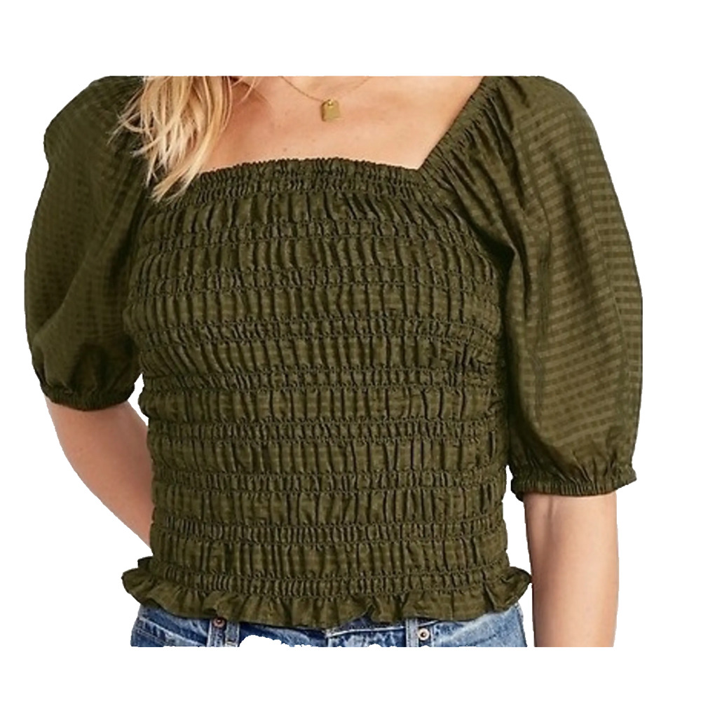 Old Navy Women Top Large Green Rayon Blend Short Puff Sleeve Ruched Fit Boho new